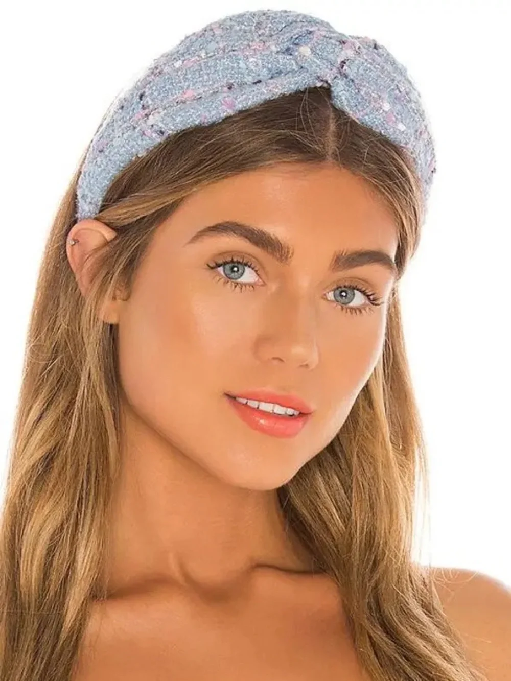 Eugenia Kim Light Blue Tweed Knot Headband with Pink and Cream Accents